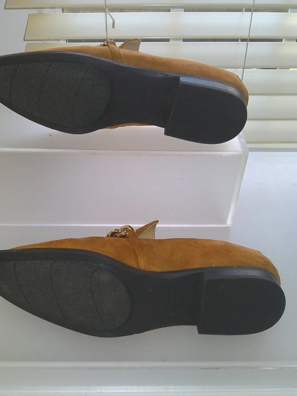 Nine West Oriah 2 Loafers 9M Cognac Suede Gold Chain Square Toe Chic